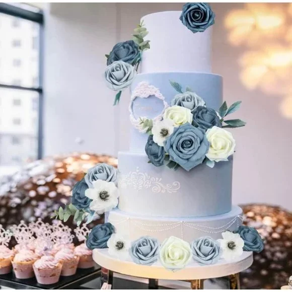 35 Piece | Dusty Blue Roses Shades & Ivory White Bouquet Flowers Wedding Floral - Picture 2 of 3